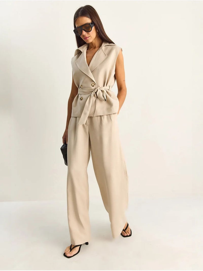 Ensemble coordonné taille haute à jambe large avec col châle lucci Beige argile - Kiabi