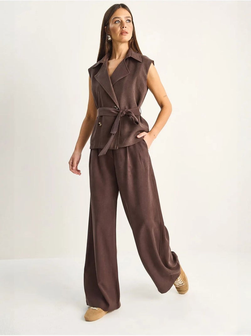 Ensemble coordonné taille haute à jambe large avec col châle lucci Marron chocolat - Kiabi