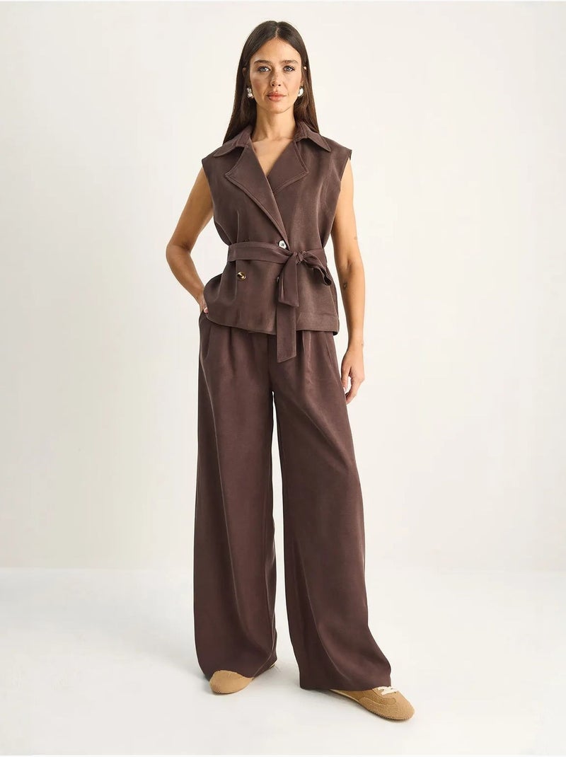 Ensemble coordonné taille haute à jambe large avec col châle lucci Marron chocolat - Kiabi