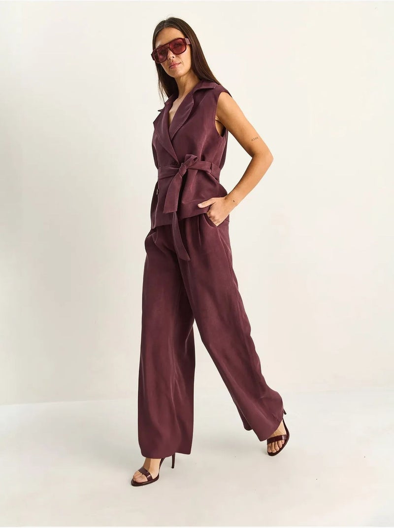 Ensemble coordonné taille haute à jambe large avec col châle lucci Mauve - Kiabi