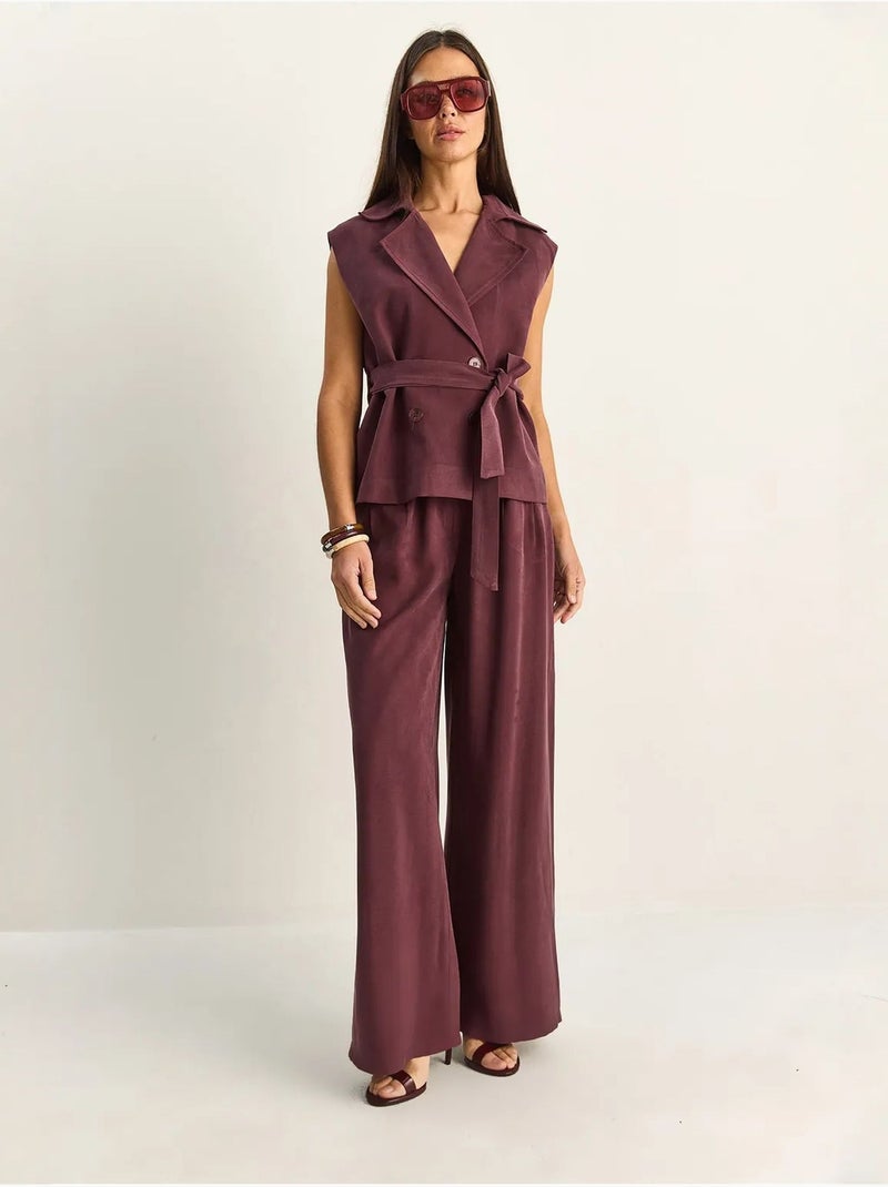 Ensemble coordonné taille haute à jambe large avec col châle lucci Mauve - Kiabi