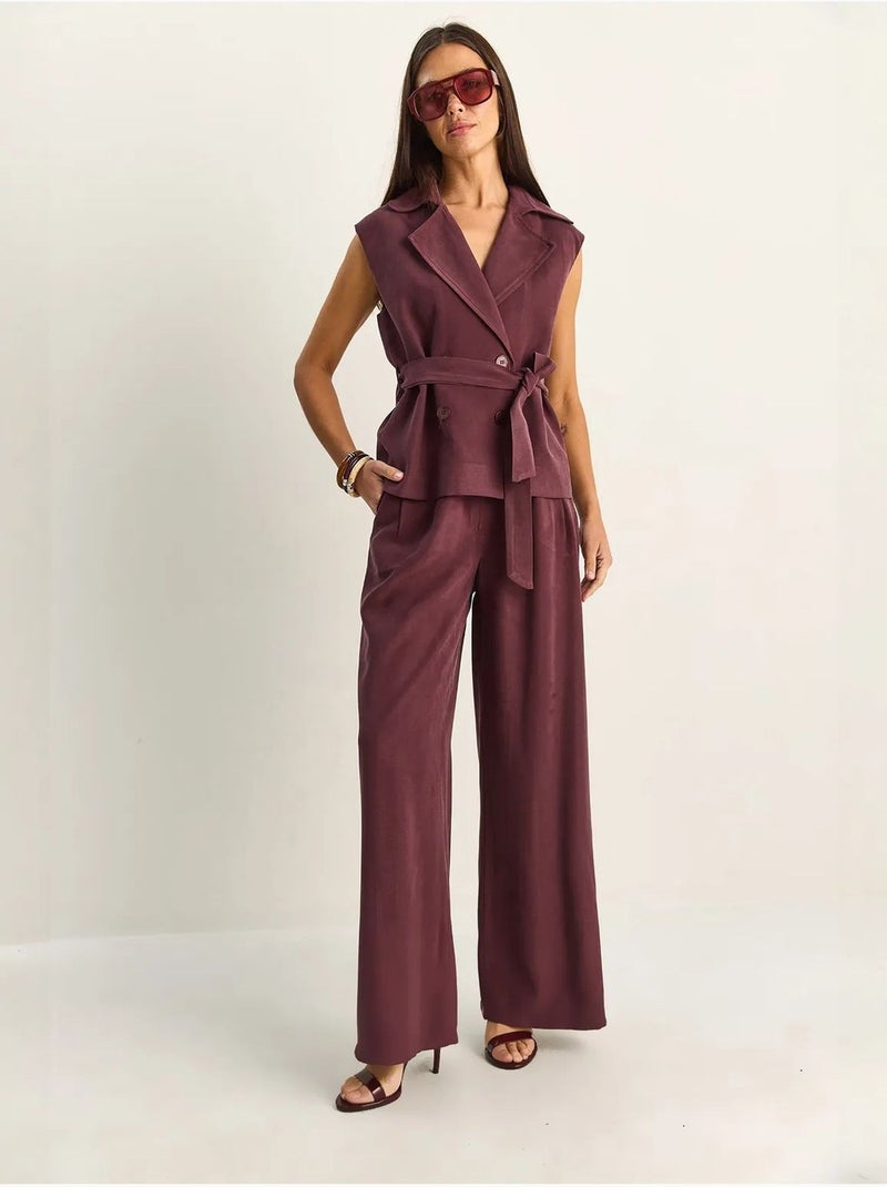 Ensemble coordonné taille haute à jambe large avec col châle lucci Mauve - Kiabi