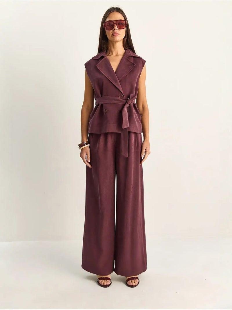 Ensemble coordonné taille haute à jambe large avec col châle lucci Mauve - Kiabi