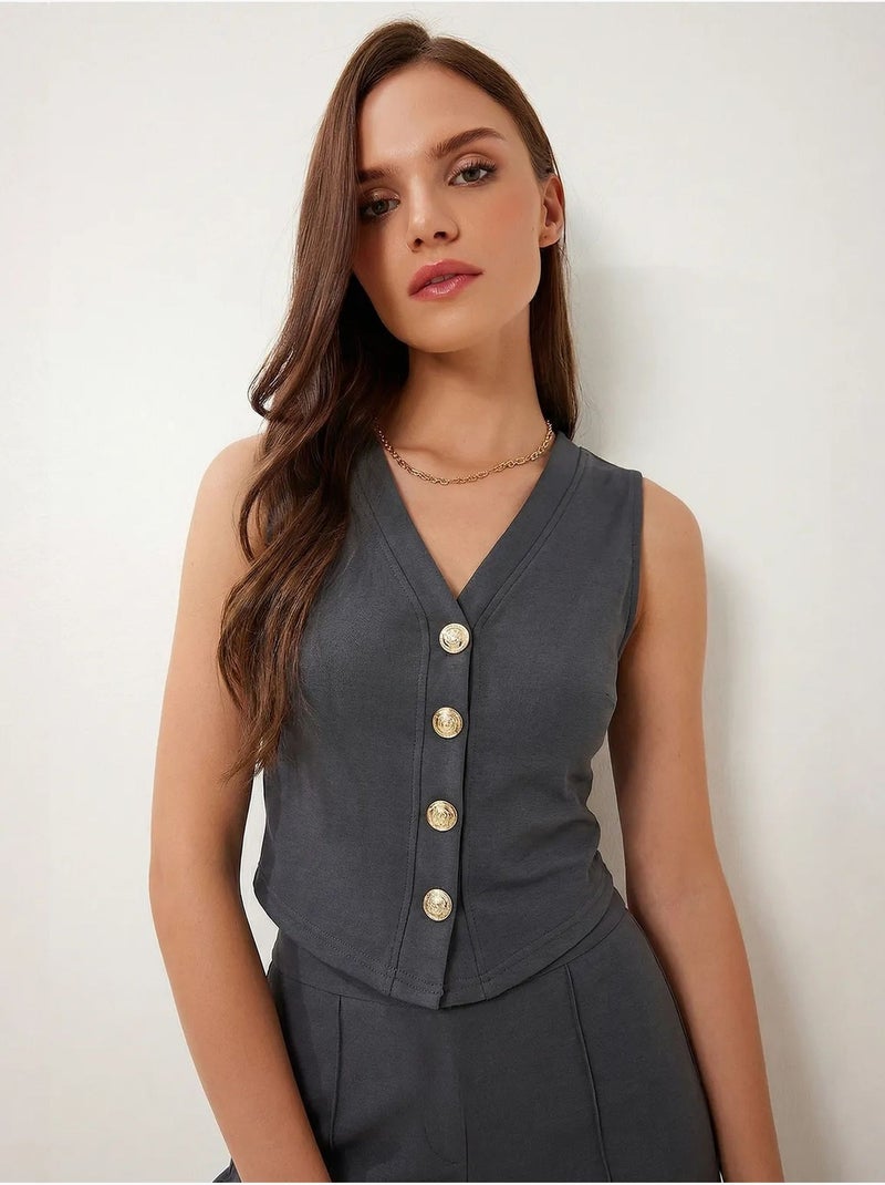 Ensemble coordonné taille haute, col en v, boutons et jambes larges istanbul Gris foncé - Kiabi