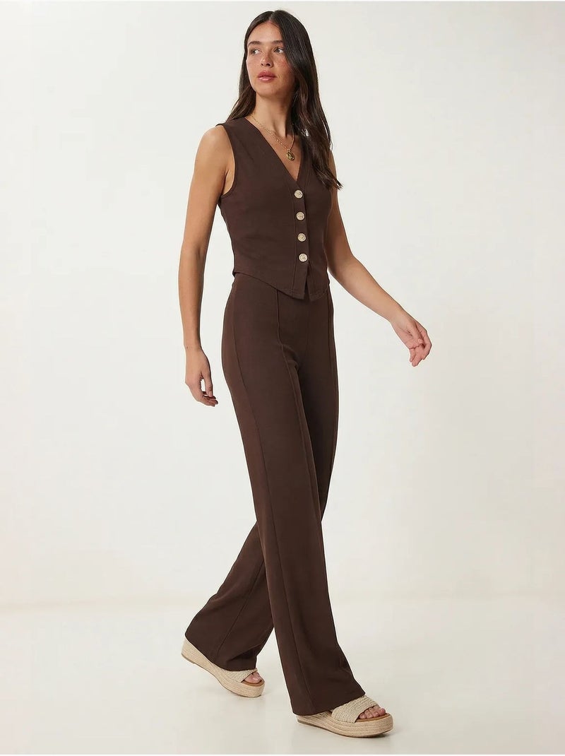 Ensemble coordonné taille haute, col en v, boutons et jambes larges istanbul Marron chocolat - Kiabi