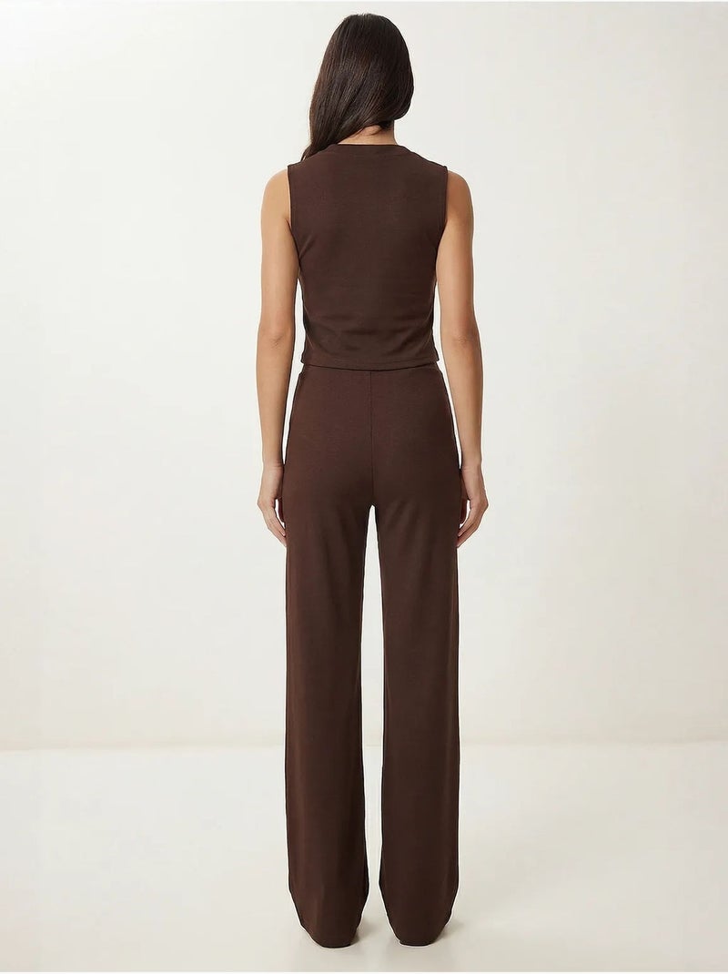 Ensemble coordonné taille haute, col en v, boutons et jambes larges istanbul Marron chocolat - Kiabi