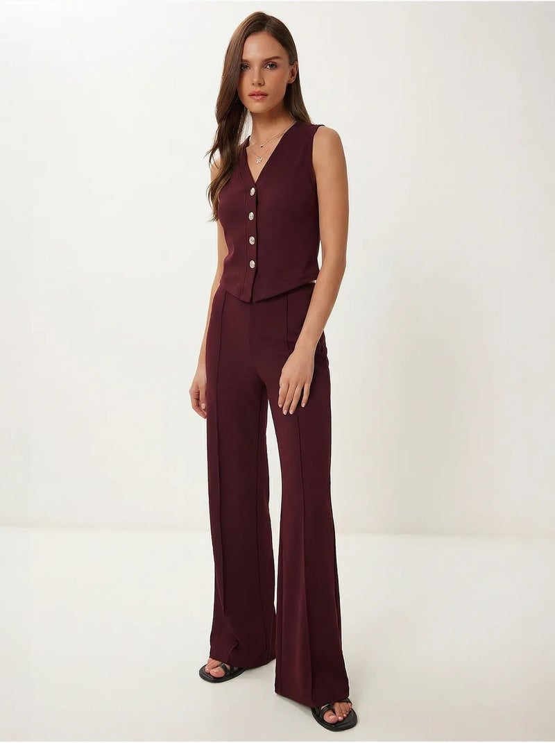 Ensemble coordonné taille haute, col en v, boutons et jambes larges istanbul Rouge bordeaux - Kiabi