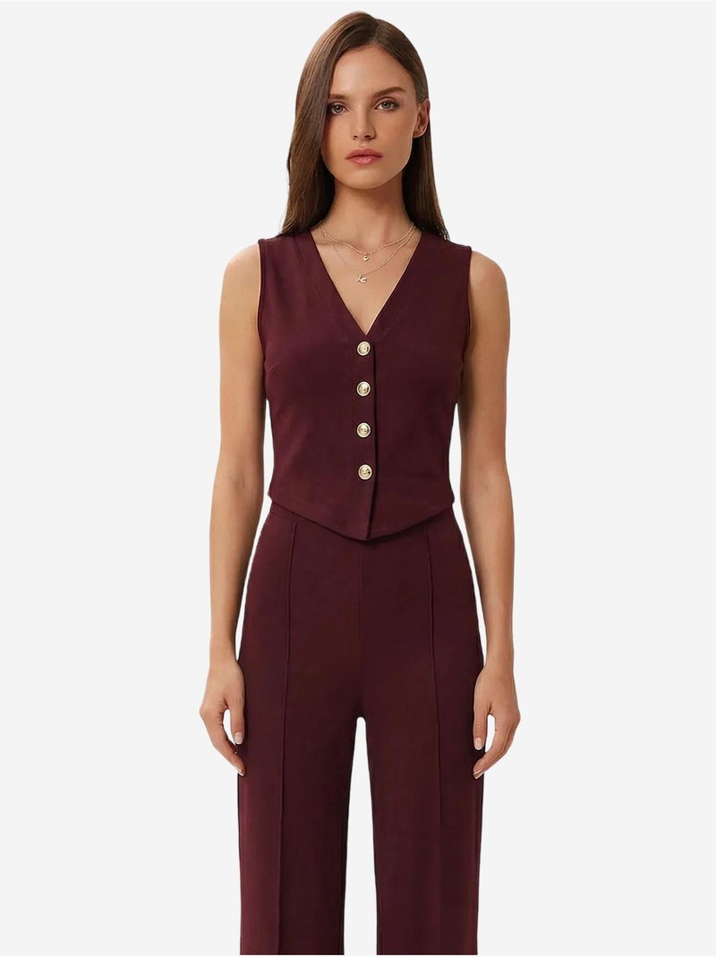 Ensemble coordonné taille haute, col en v, boutons et jambes larges istanbul Rouge bordeaux - Kiabi