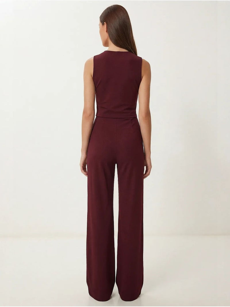 Ensemble coordonné taille haute, col en v, boutons et jambes larges istanbul Rouge bordeaux - Kiabi