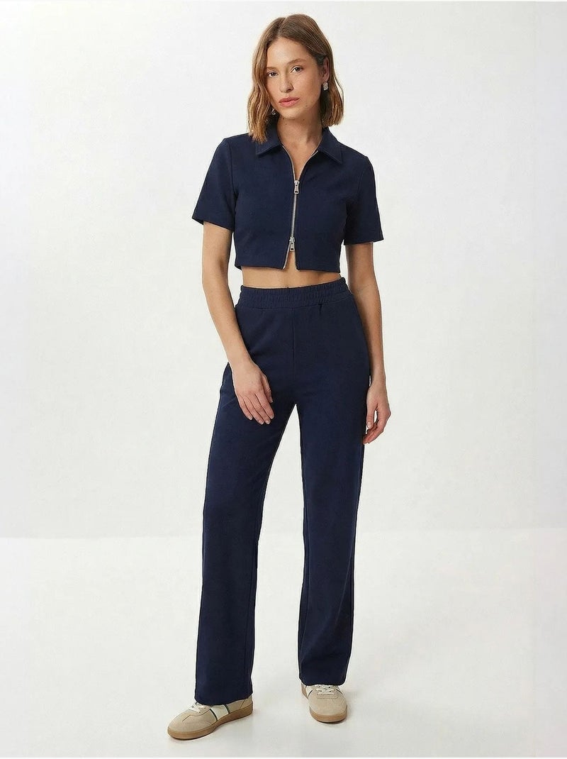 Ensemble coordonné taille haute jambes larges avec col chemise istanbul Bleu marine - Kiabi