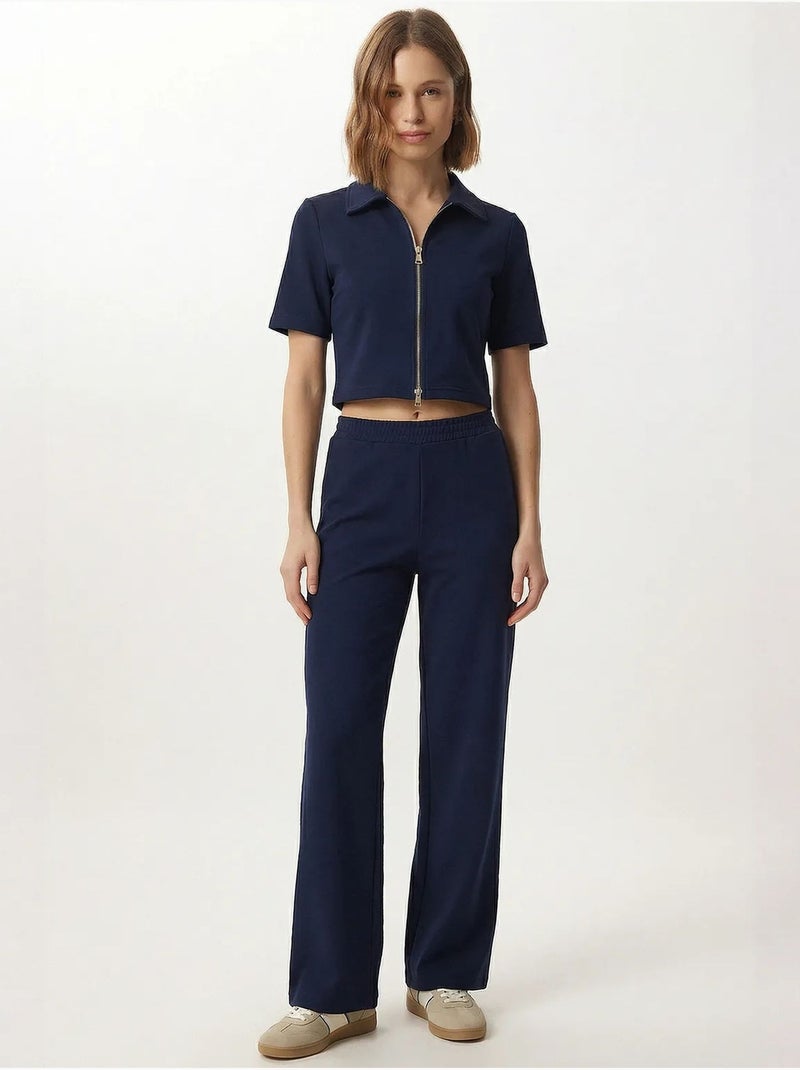 Ensemble coordonné taille haute jambes larges avec col chemise istanbul Bleu marine - Kiabi
