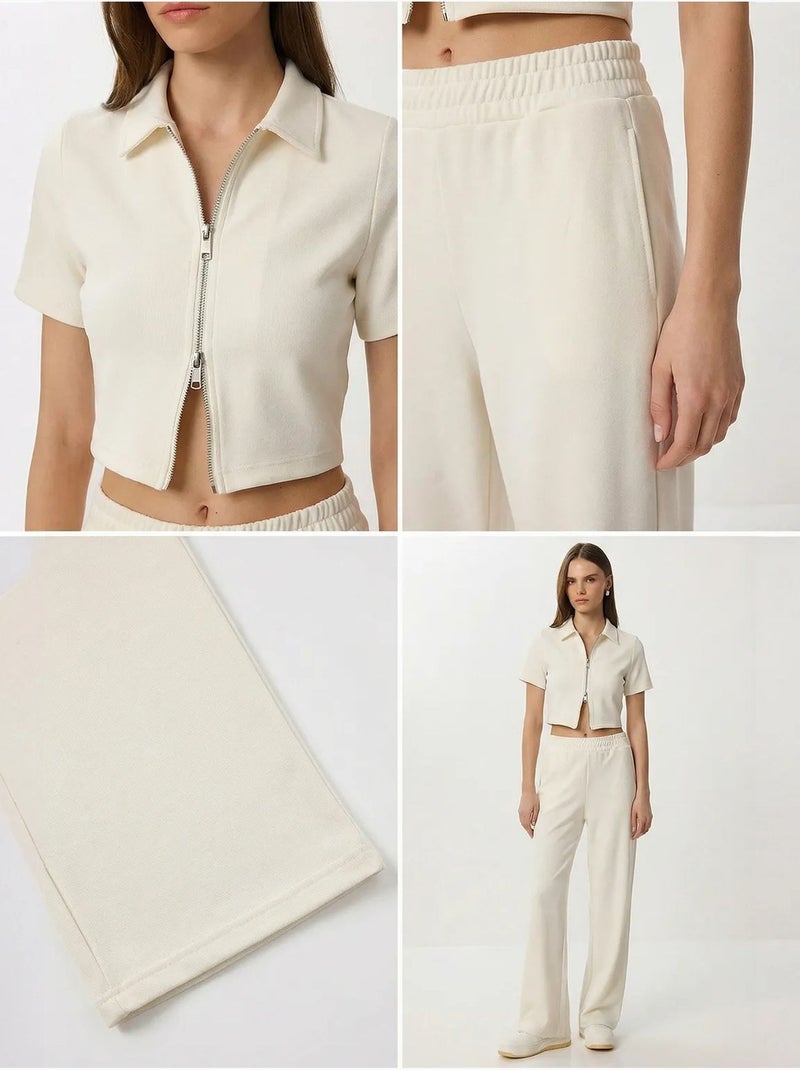 Ensemble coordonné taille haute jambes larges avec col chemise istanbul Ivoire - Kiabi