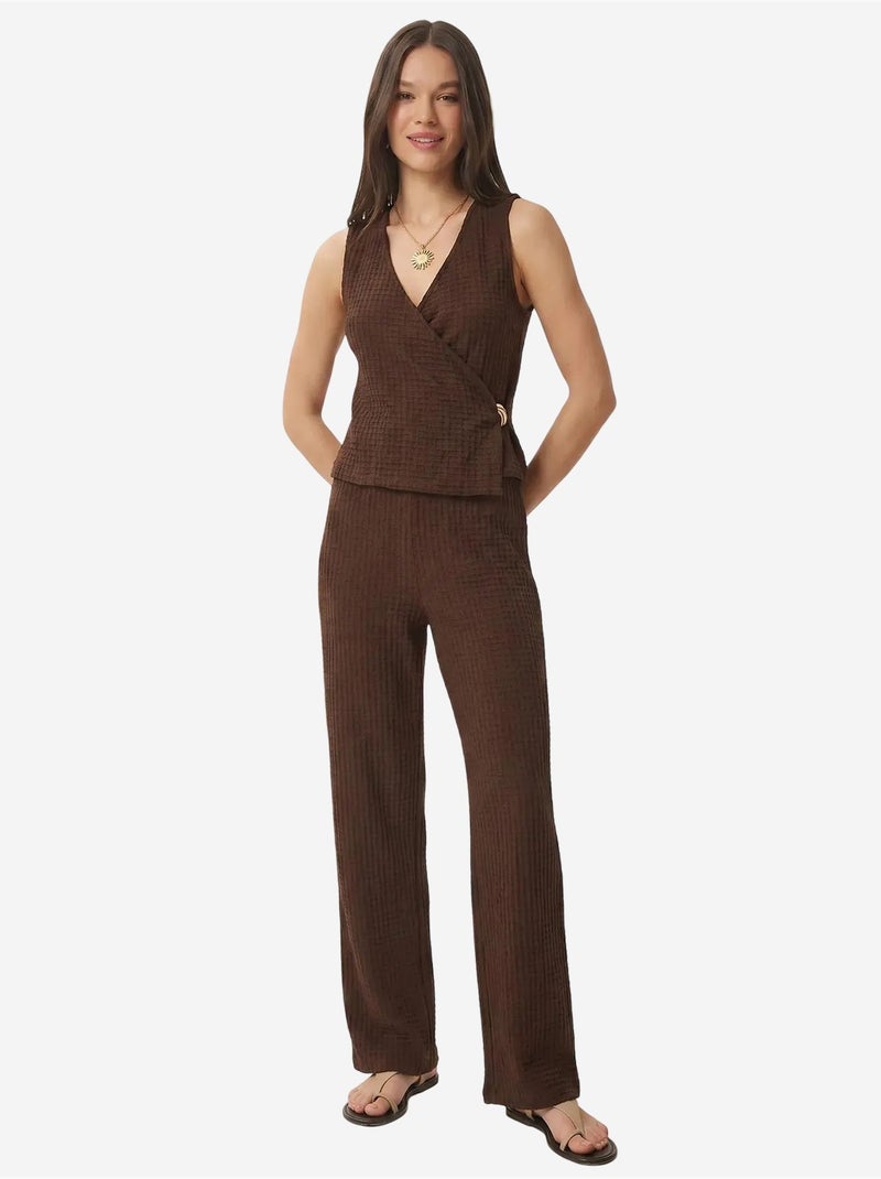 Ensemble coordonné taille haute texturé à col en v et pantalon à jambe large istanbul Marron chocolat - Kiabi