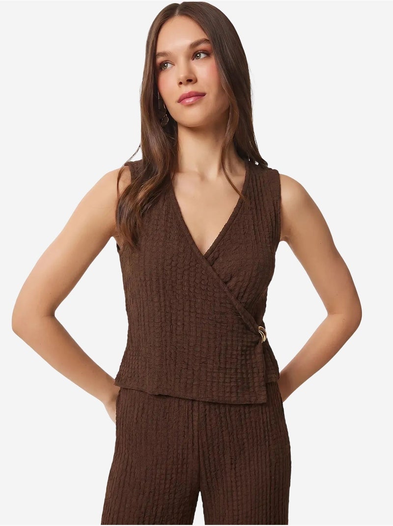 Ensemble coordonné taille haute texturé à col en v et pantalon à jambe large istanbul Marron chocolat - Kiabi