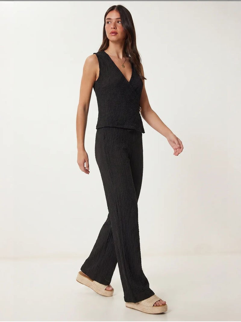 Ensemble coordonné taille haute texturé à col en v et pantalon à jambe large istanbul Noir - Kiabi