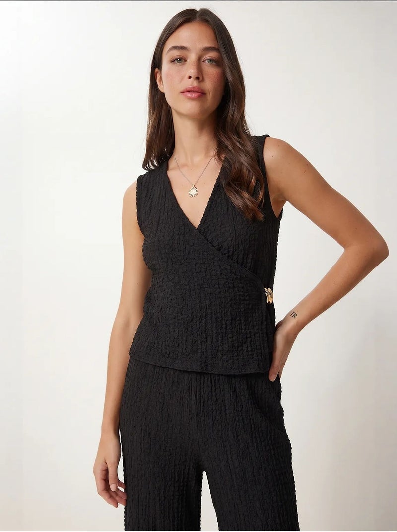 Ensemble coordonné taille haute texturé à col en v et pantalon à jambe large istanbul Noir - Kiabi