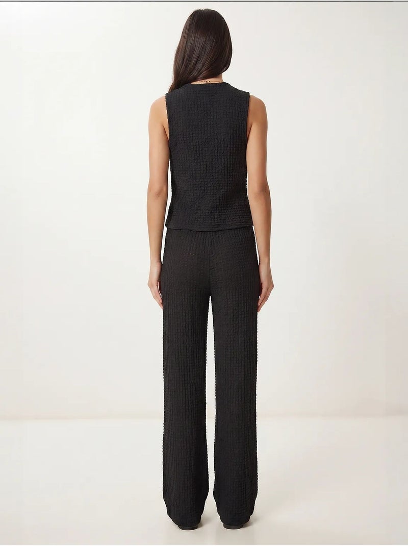 Ensemble coordonné taille haute texturé à col en v et pantalon à jambe large istanbul Noir - Kiabi