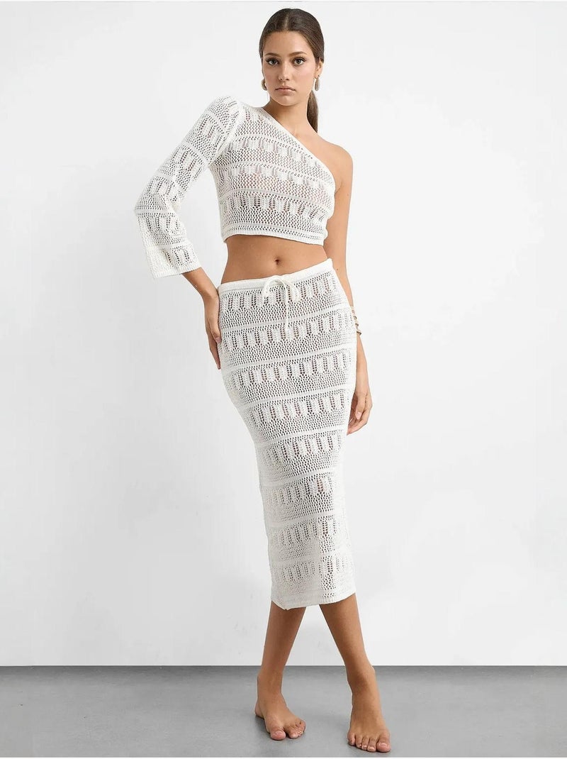 Ensemble crop top asymétrique en dentelle crochet et jupe midi crochet Blanc - Kiabi