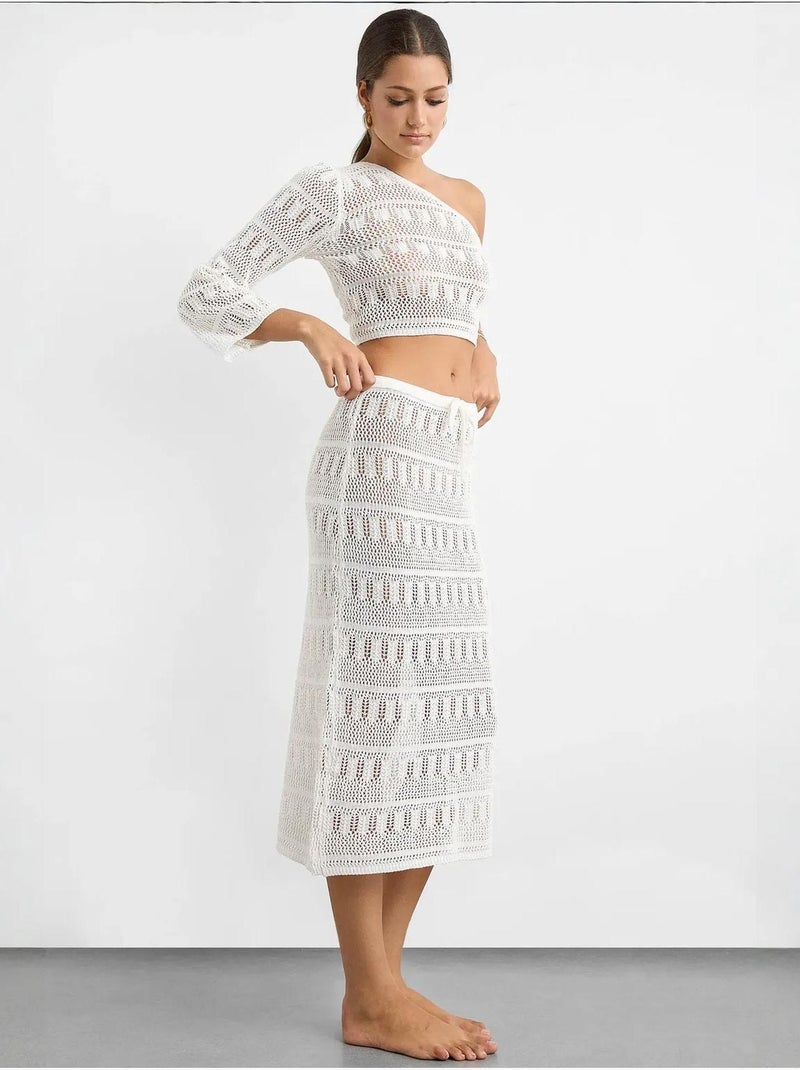 Ensemble crop top asymétrique en dentelle crochet et jupe midi crochet Blanc - Kiabi