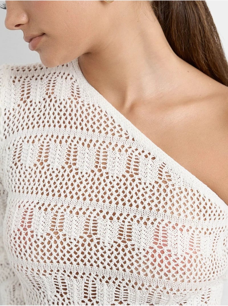 Ensemble crop top asymétrique en dentelle crochet et jupe midi crochet Blanc - Kiabi