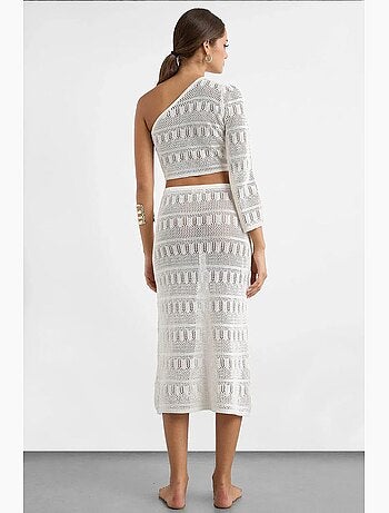 Ensemble crop top asymétrique en dentelle crochet et jupe midi crochet hiccup