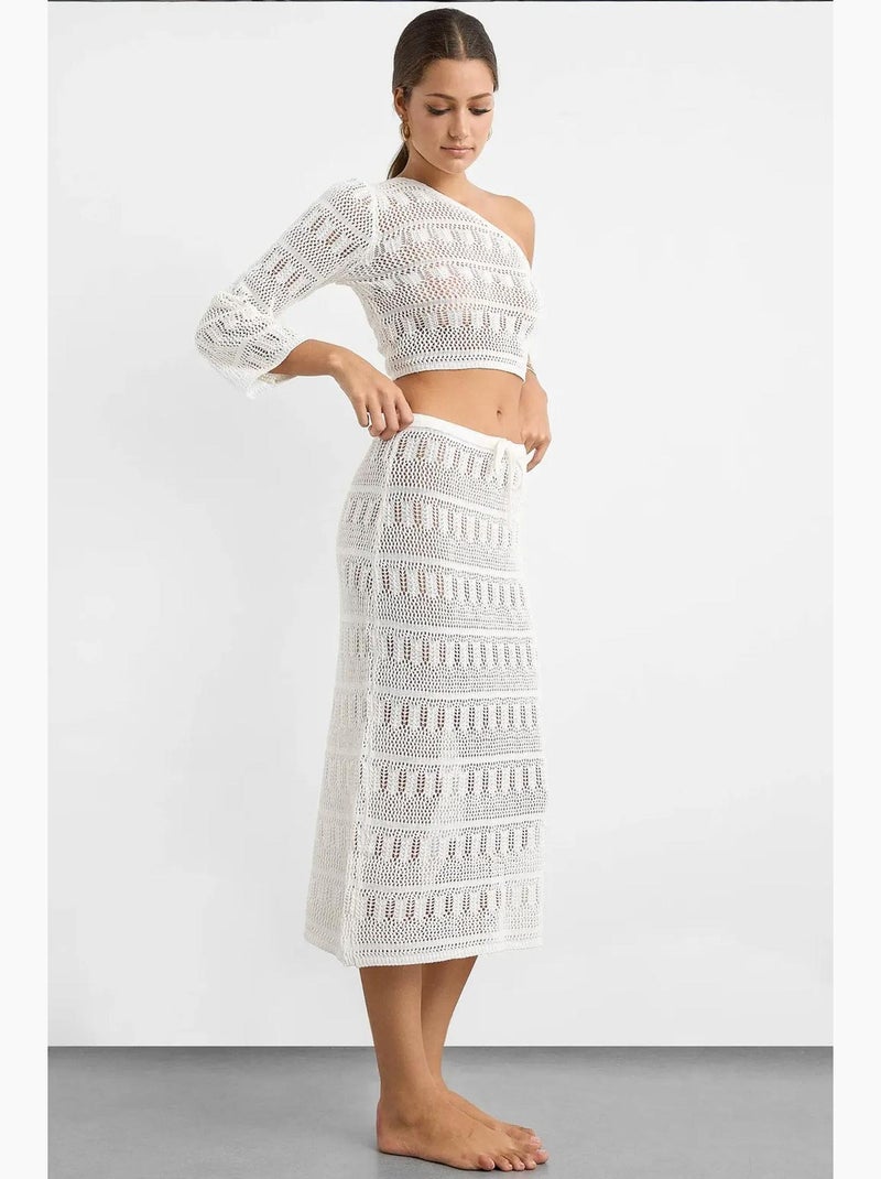 Ensemble crop top asymétrique en dentelle crochet et jupe midi crochet hiccup Blanc - Kiabi