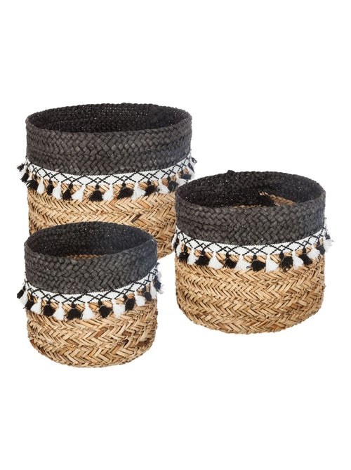 Ensemble de 3 paniers de rangement en roseau à pompons - Kiabi