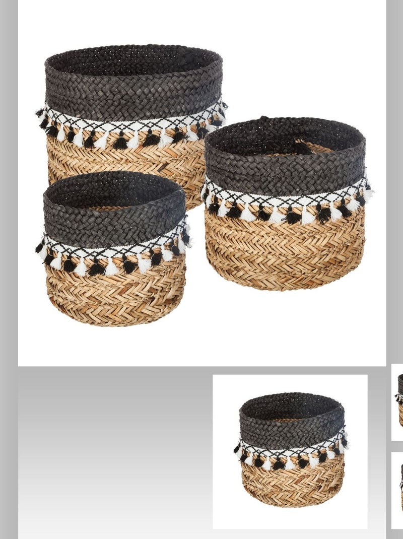 Ensemble de 3 paniers de rangement en roseau à pompons Noir - Kiabi
