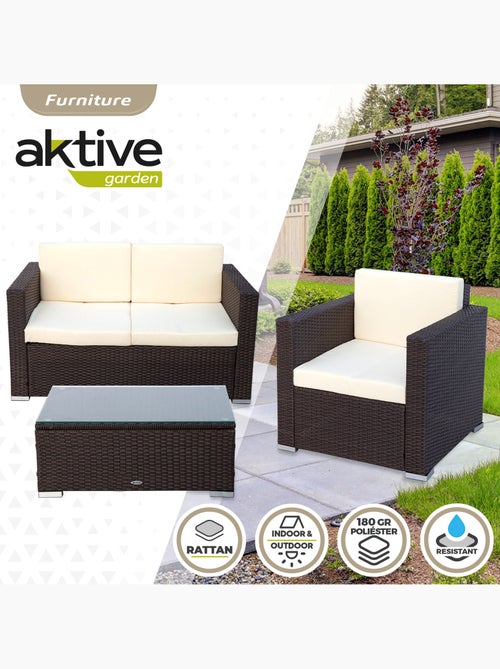 Ensemble de meubles de jardin avec fauteuils en rotin, canapé et table basse aktive - Kiabi Ensemble de meubles de jardin avec fauteuils en rotin, canapé et table basse aktive - Kiabi