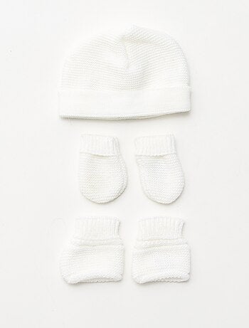 Ensemble de naissance bonnet + moufles + chaussons en tricot 'Manufacture de Layette'