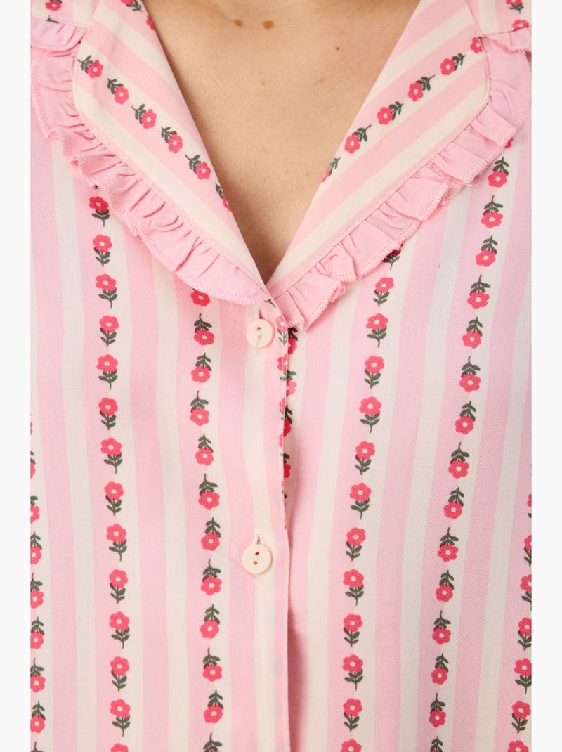 Ensemble de pyjama chemise pantalon à volants, manches longues, fleurs claires penti Rouge/Rose - Kiabi