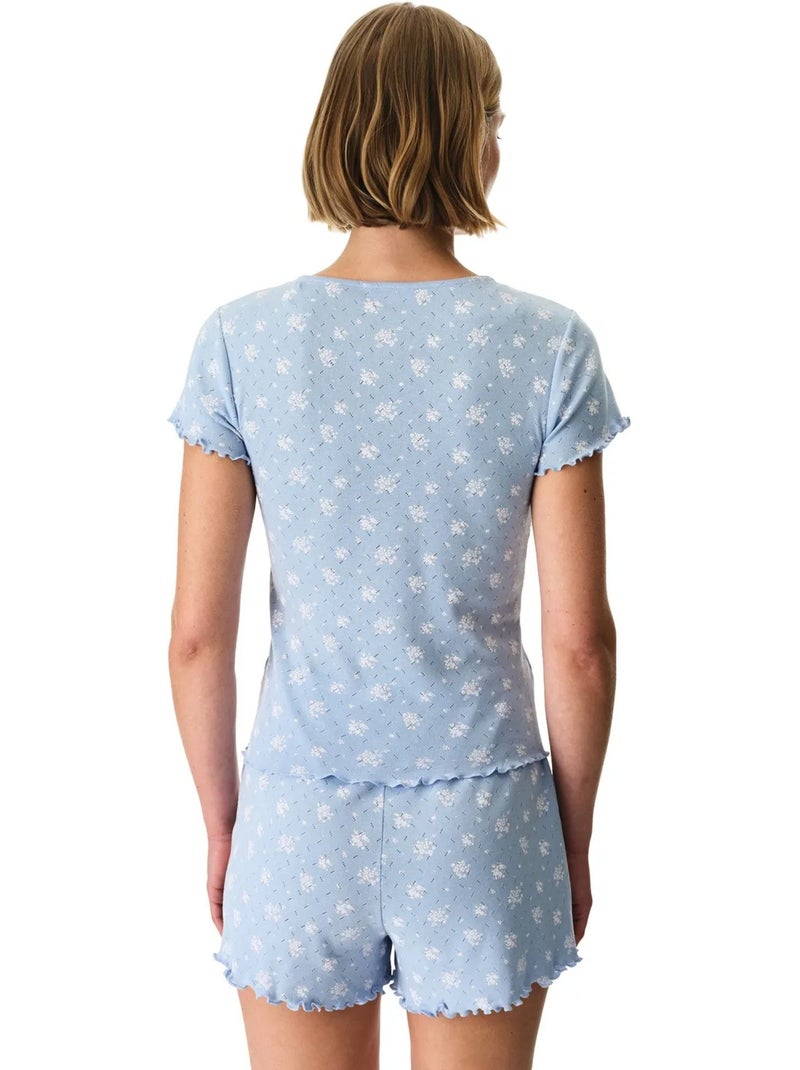 Ensemble de pyjama coralie pointel crunchy à motif floral, manches courtes et short penti Bleu ciel - Kiabi