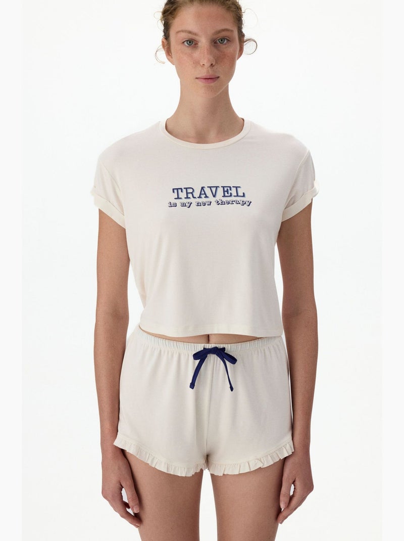 Ensemble de pyjama court à manches courtes, volanté, imprimé travel slogan penti Blanc cassé - Kiabi