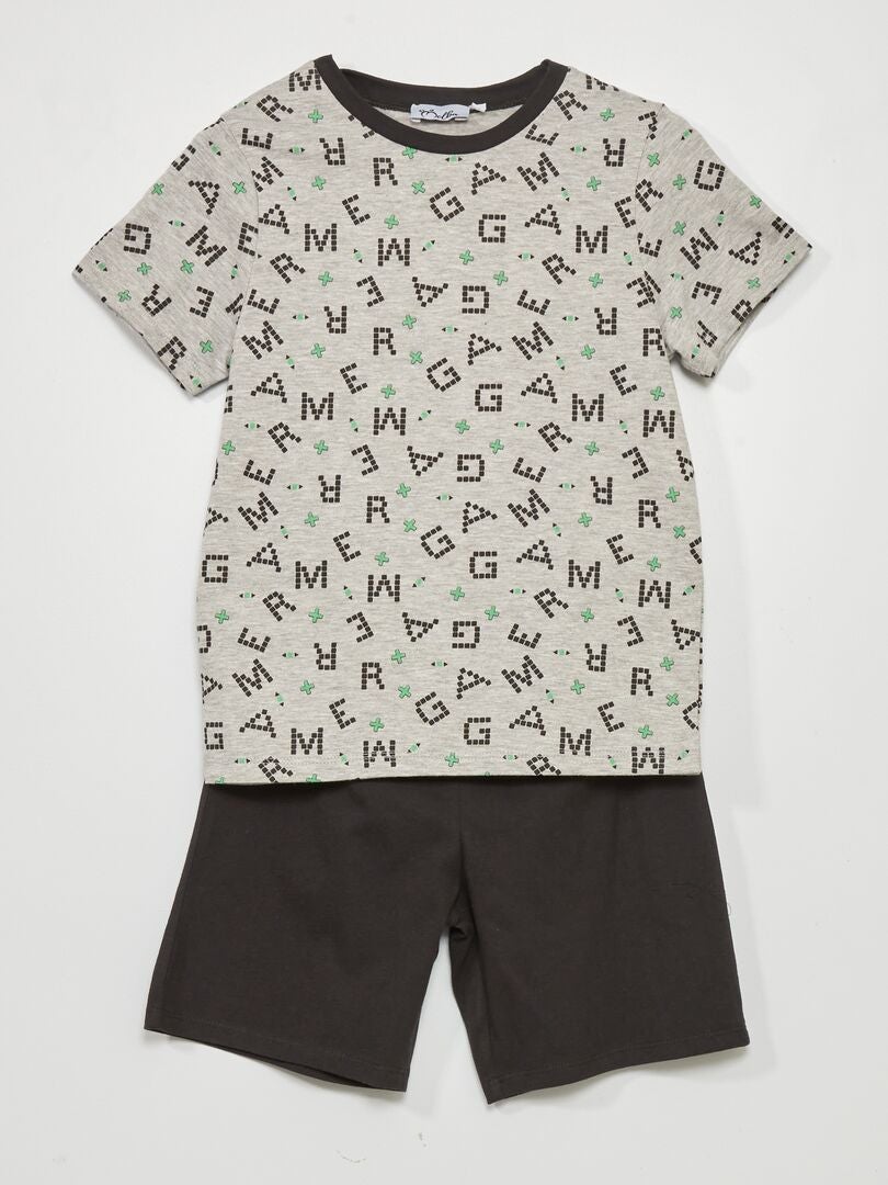 Ensemble de pyjama court short + t-shirt - 2 pièces gris/noir - Kiabi