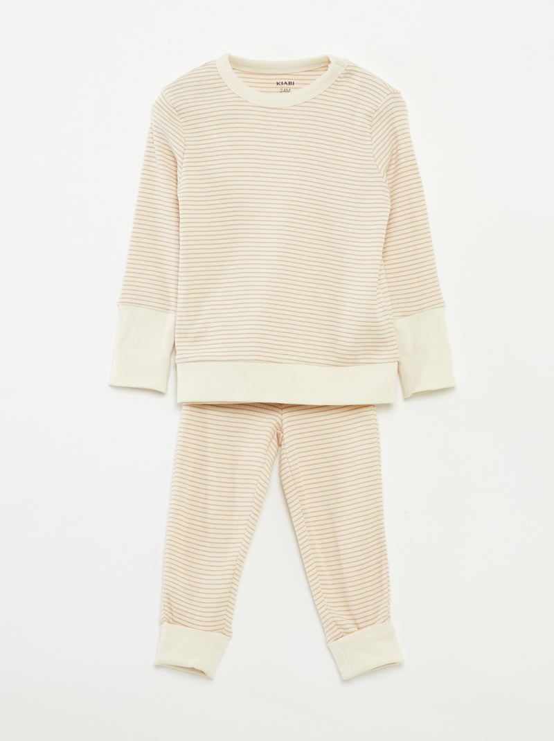 Ensemble de pyjama long t-shirt + pantalon à rayures - 2 pièces Beige - Kiabi