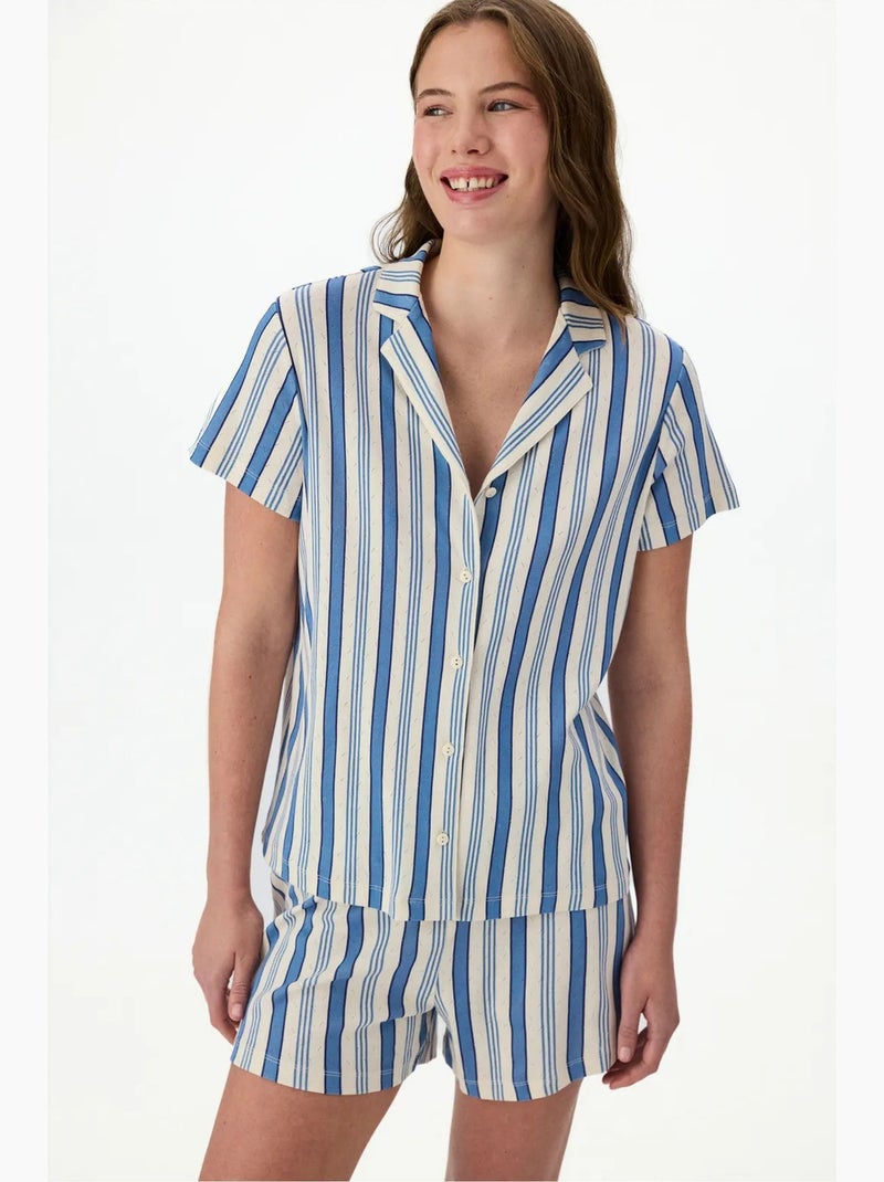 Ensemble de pyjama rayé en pointelle, chemise à manches courtes et short penti Blanc Bleu - Kiabi