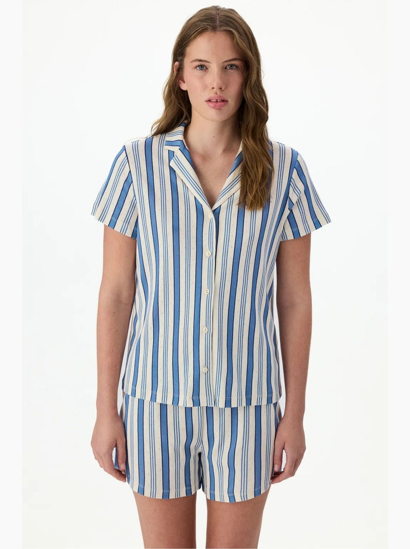 Ensemble de pyjama rayé en pointelle, chemise à manches courtes et short penti Blanc Bleu - Kiabi