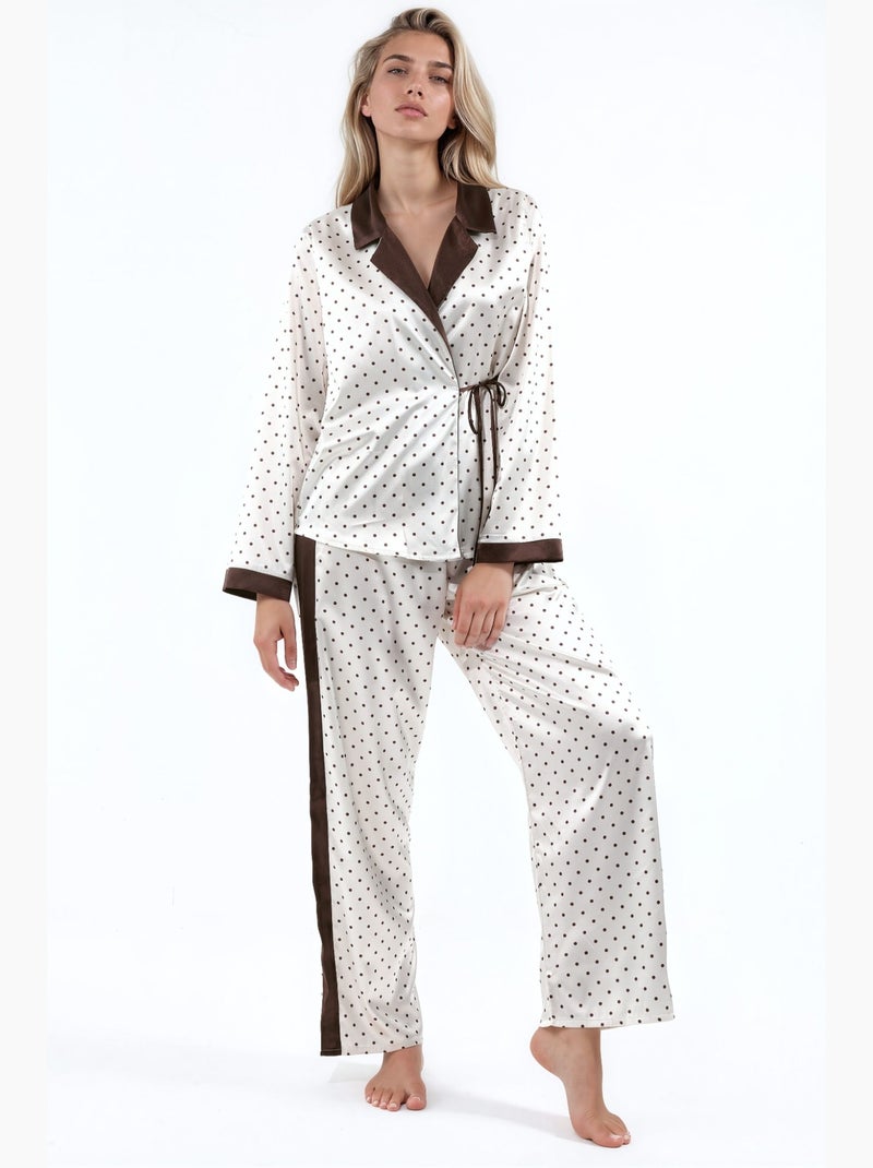 Ensemble de pyjama tissé en satin à pois hiccup Ivoire - Kiabi