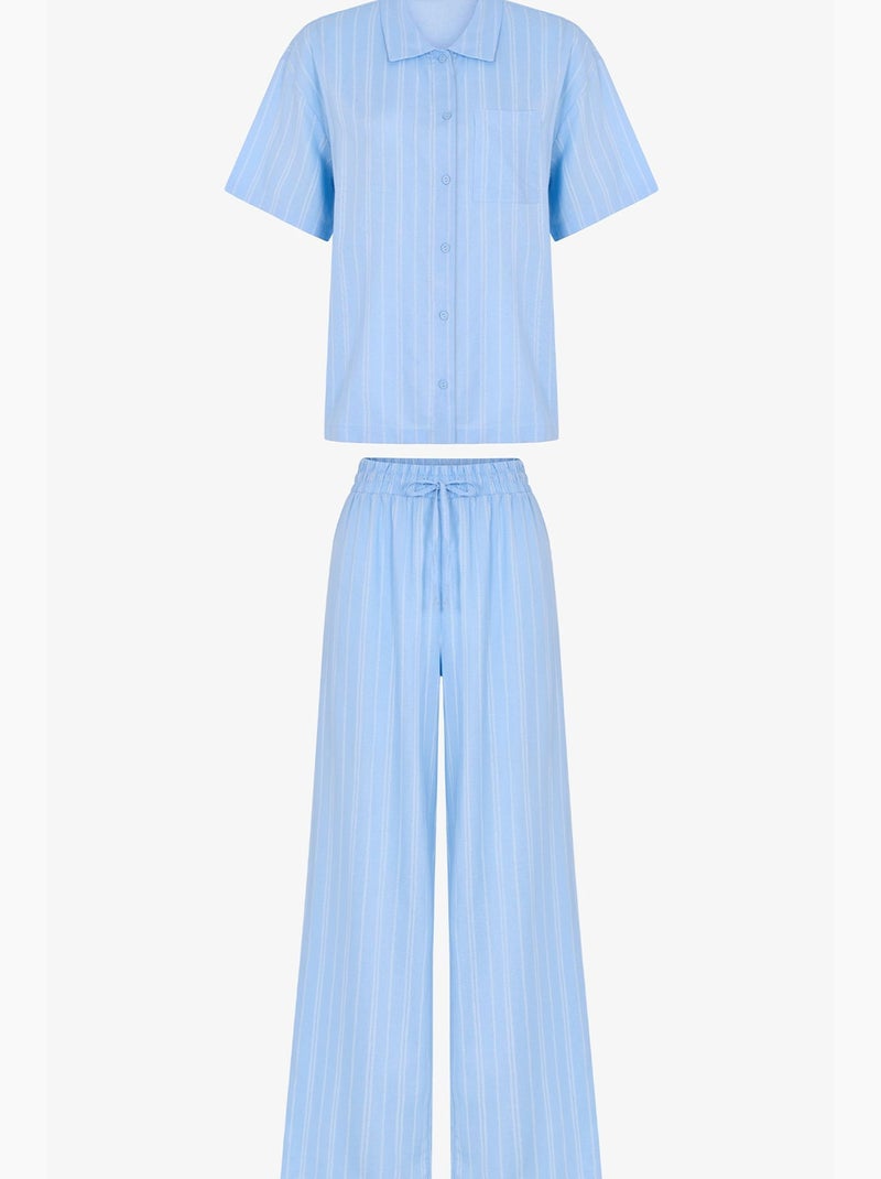 Ensemble de pyjama vacation rayé, chemise à manches courtes et pantalon penti Bleu ciel - Kiabi