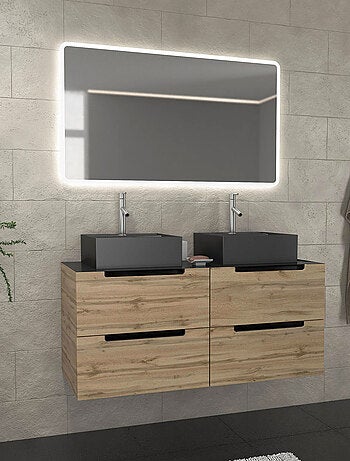 Ensemble de salle de bains avec 2 vasques et 1 miroir rectangulaires à led