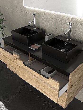 Ensemble de salle de bains avec 2 vasques et 1 miroir rectangulaires à led