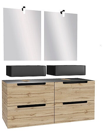 Ensemble de salle de bains avec 2 vasques rectangulaires et 2 miroirs rectangulaires à led