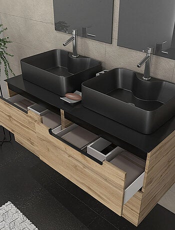 Ensemble de salle de bains avec 2 vasques rectangulaires et 2 miroirs rectangulaires à led