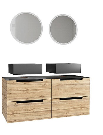 Ensemble de salle de bains avec 2 vasques rectangulaires et 2 miroirs ronds à led