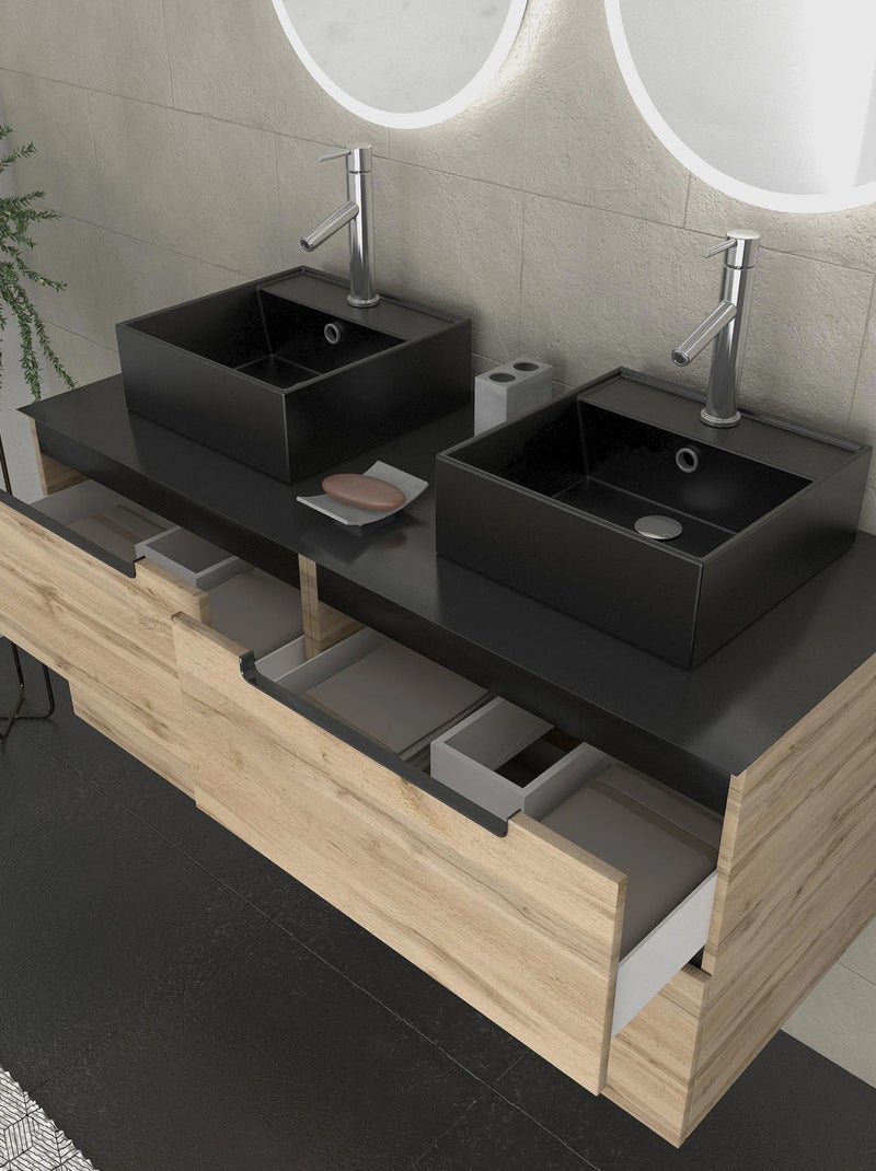 Ensemble de salle de bains avec 2 vasques rectangulaires et 2 miroirs ronds à led Beige clair - Kiabi