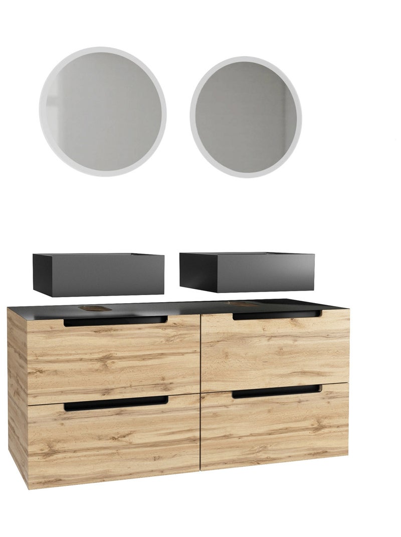 Ensemble de salle de bains avec 2 vasques rectangulaires et 2 miroirs ronds à led Beige clair - Kiabi