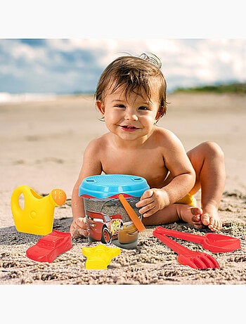 Ensemble de seaux de plage cars avec pelle, râteau, tamis, moules, arrosoir et sac de transport