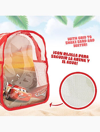Ensemble de seaux de plage cars avec pelle, râteau, tamis, moules, arrosoir et sac de transport