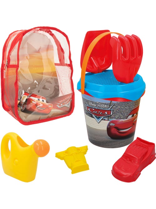 Ensemble de seaux de plage cars avec pelle, râteau, tamis, moules, arrosoir et sac de transport - Kiabi