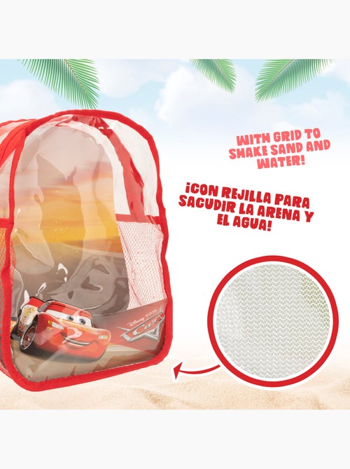 Ensemble de seaux de plage cars avec pelle, râteau, tamis, moules, arrosoir et sac de transport - Kiabi